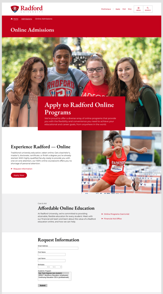 A screenshot of Radford University's online application page, with an RFI form.